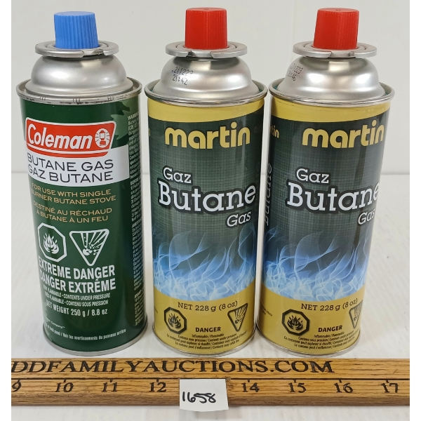 LOT OF 3 - COLEMAN & MARTIN BUTANE GAS CANS