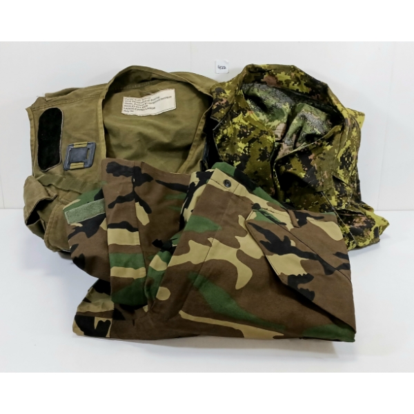 LOT OF 3 - ARMY CAMO COMBAT SHIRT, TROUSERS & TACTICAL VEST