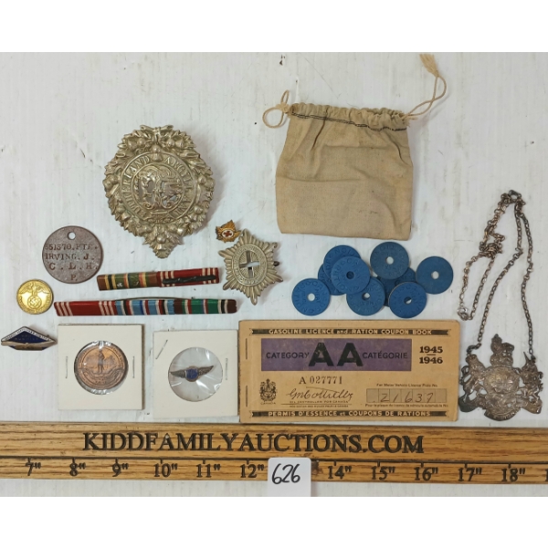 JOB LOT - MILITARY INSIGNIA - INCL GERMAN COIN, CDN RATION TOKENS, MEDAL BARS, CAP BADGES, ETC