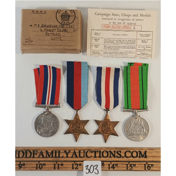 LOT OF 4 - WWII MEDALS TO CAPT. T.D. GRUDGINGS, ROYAL ARMY DENTAL CORPS