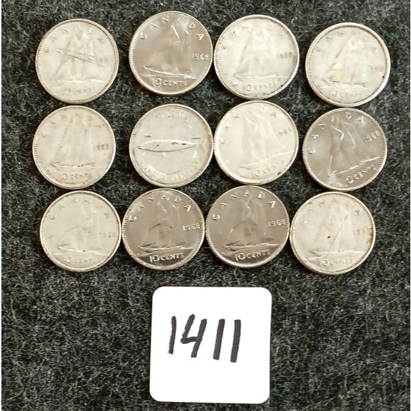 LOT OF 12 - 1958-1968 CDN 10 CENT COINS