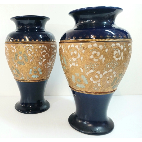 LOT OF 2 - DOULTON & SLATERS PATENT BLUE & WHITE ENAMEL FLORAL COBALT VASES - CIRCA 1890s - 1920s