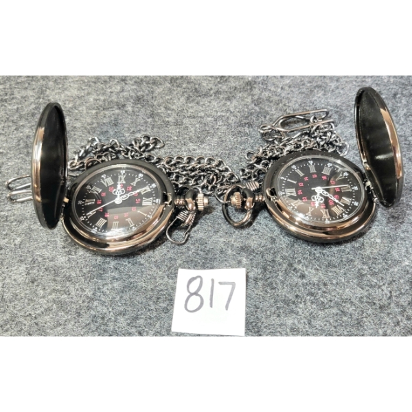 LOT OF 2 - POCKET WATCHES W/ CHAINS - BATTERY OP