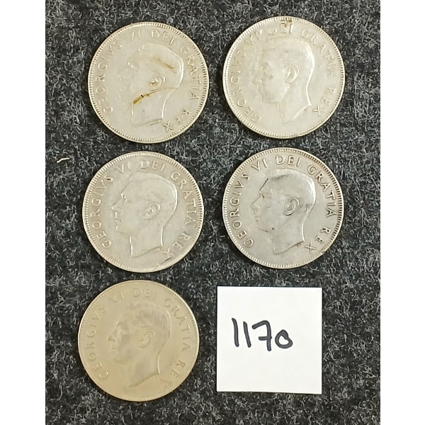 LOT OF 5 - 1952 CDN 50 CENT SILVER COINS