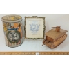 Image 1 : LOT OF 3 - WWII COMMEMORATIVE LIBERATION TIN, QUEEN VICTORIA COMMEMORATIVE PC & WOOD MODEL TANK
