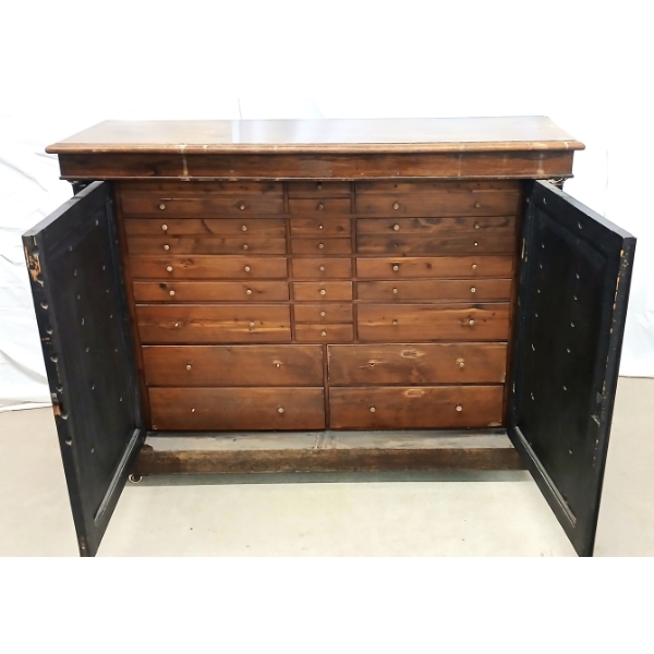GENERAL STORE / HARDWARE / PARTS CABINET W/ WHEELS - MAHOGANY - C. MID 20TH CENTURY