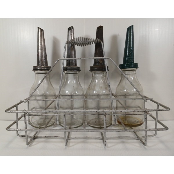 LOT OF 5 - EMBOSSED QT OIL BOTTLES W/ CARRIER