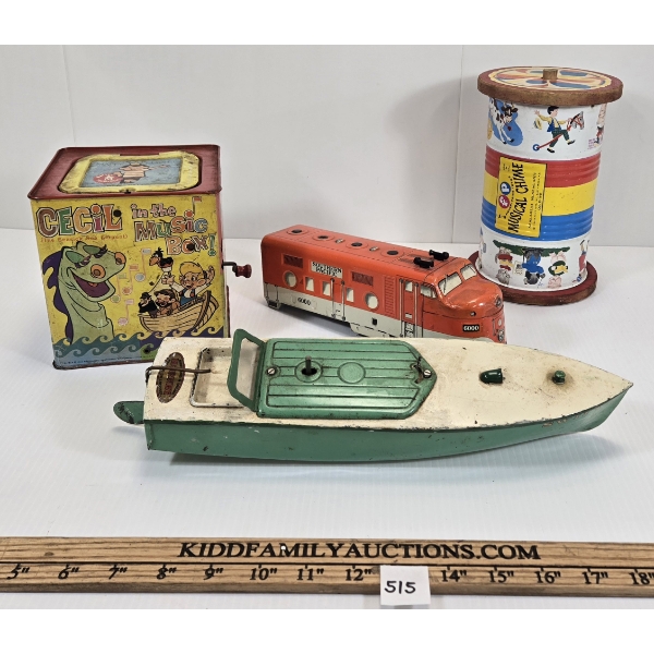 LOT OF 4 - VINTAGE TOYS - INCL HORNBY WIND-UP BOAT, SOUTHER PACIFIC LOCOMOTIVE ETC.