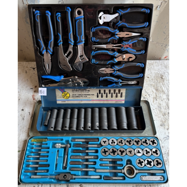 LOT OF 3 - TOOL SETS - MC PLYERS, 1/2 IN DEEP IMP SOCKETS, METRIC TAP & DIE