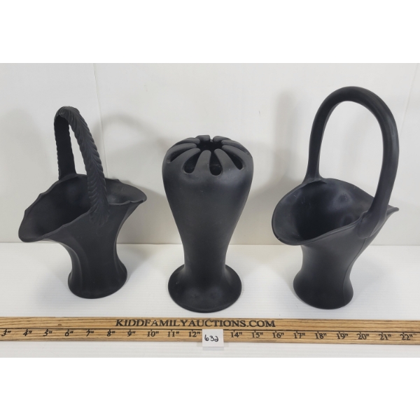 LOT OF 3 - BLACK SATIN GLASSWARE - VASE AND BASKETS