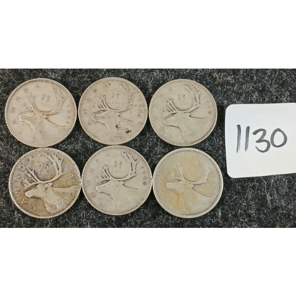 LOT OF 6 - 1944-1956 CDN 25 CENT COINS
