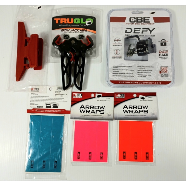 LOT OF 6 - CBE DROP AWAY REST, TRUGLO BOW JACK MINI, ARROW WRAPS, ETC