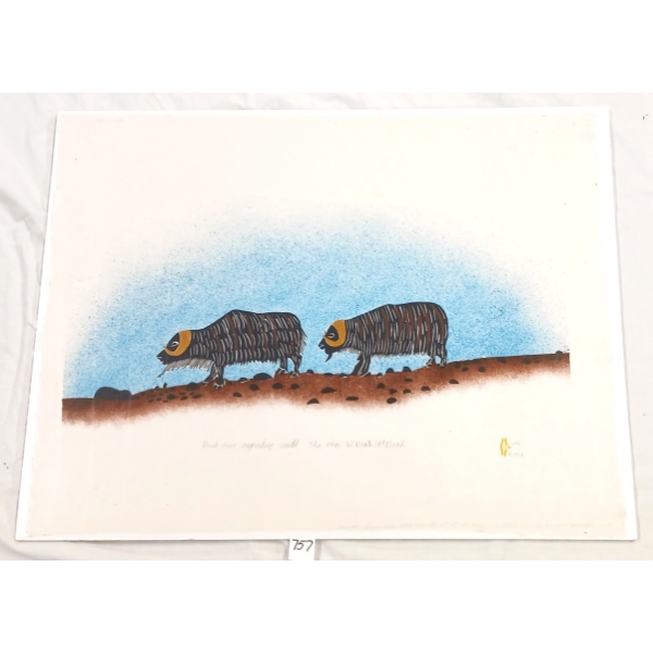 "MUSK OXEN MIGRATING SOUTH" BY MARTHA & WILLIAM NOAH (1943 - 2020) - WOODCUT & STENCIL