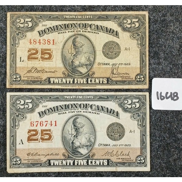 LOT OF 2 - 1923 DOMINION OF CANADA 25 CENT BANKNOTES 