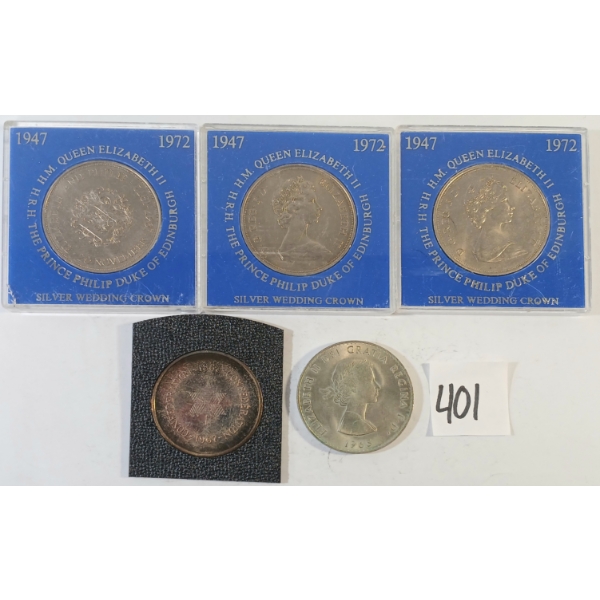LOT OF 5 - 1965 CHURCHILL, 1967 CDN CONFEDERATION & 1972 SILVER WEDDING CROWN COINS