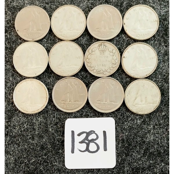 LOT OF 12 - 1933-1969 CDN 10 CENT COINS