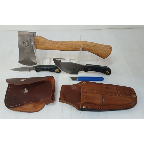 LOT OF 2 - KNIVES OF ALASKA 3PC LIGHT HUNTER COMBO SUREGRIP & HUNTER'S HATCHET W/ SHEATHS