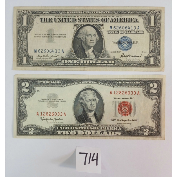 LOT OF 2 - 1957 & 1963 SILVER CERTIFICATE DOLLAR & $2 RED SEAL BANKNOTES