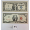 LOT OF 2 - 1957 & 1963 SILVER CERTIFICATE DOLLAR & $2 RED SEAL BANKNOTES