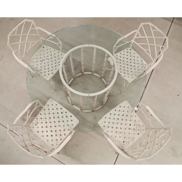 LOT OF 5 - CAST IRON PATIO SET W/ GLASS TABLE TOP