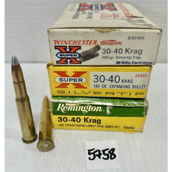 AMMO/BRASS: 40X LIVE & 10X BRASS .30-40 KRAG 180GR. SP