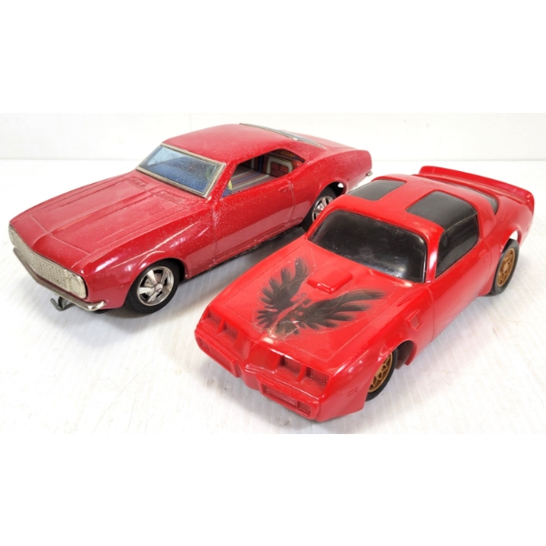 LOT OF 2 - PLASTIC BATTERY OP & PILL CARS - INCL MATTEL POINTIAC FIREBIRD