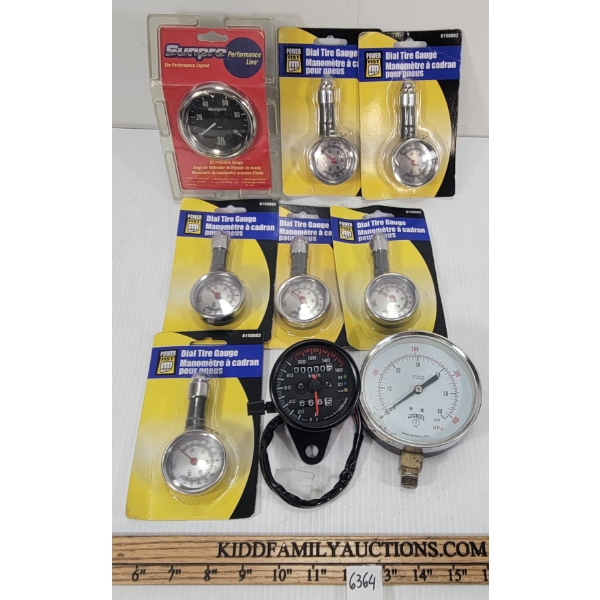 LOT OF 9 - MISC GAUGES - INCL DIAL TIRE, OIL PRESSURE & SPEEDOMETER