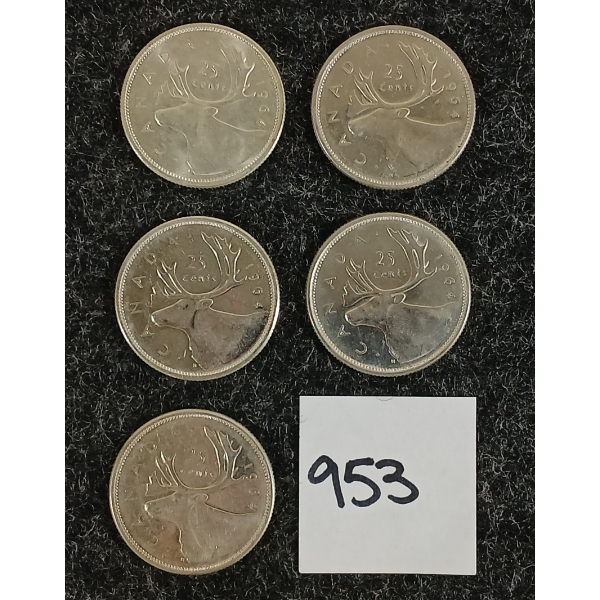 LOT OF 5 - 1964 CDN 25 CENT SILVER COINS