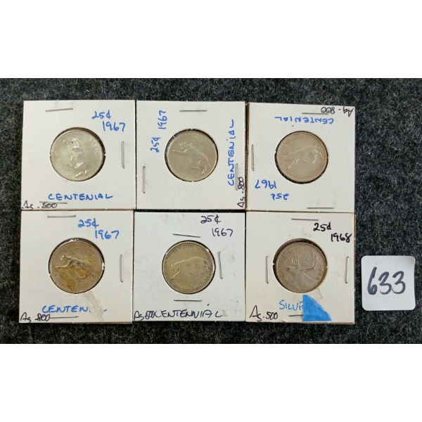 LOT OF 6 - 1967 & 1968 CDN 25 CENT COINS