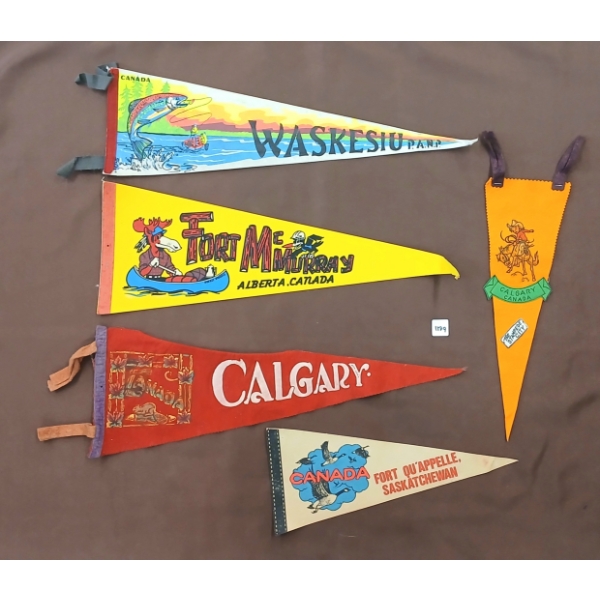 LOT OF 5 - PENNANT BANNERS - CALGARY, FORT MURRAY, WASKESIU, ETC