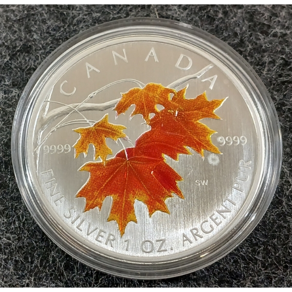 2007 RCM $5 SILVER COLOURED COIN - SUGAR MAPLE IN ORANGE
