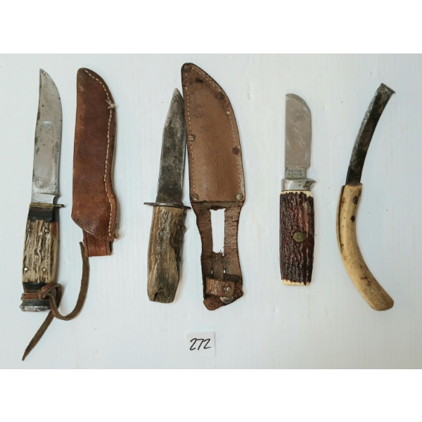 LOT OF 4 - STAG HANDLED TOOL & KNIVES W/ LEATHER SHEATHS