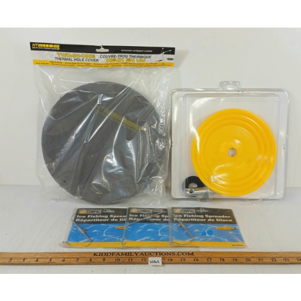 LOT OF 5 - ICE FISHING ACCESS - INCL SPREADERS, DRILL CONVERSION KIT & THERMAL HOLE COVER