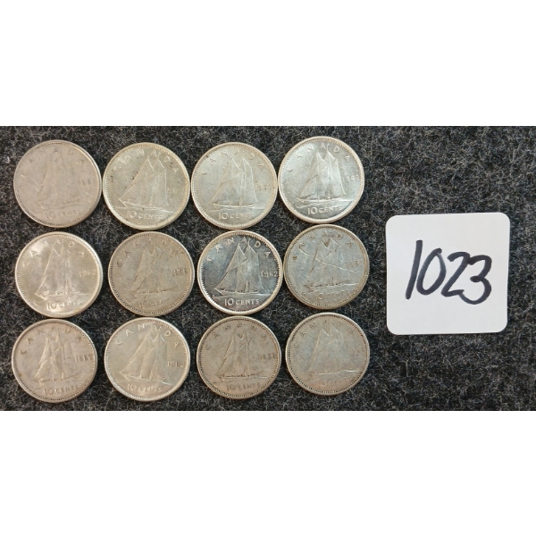 LOT OF 12 - 1956-1963 CDN 10 CENT COINS