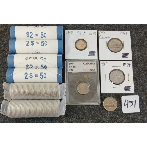 JOB LOT - 2005 & 2006 CDN 5 & 25 CENT ROLLS, 1945 NEWFOUNDLAND 10 CENT COIN, MIXED CDN COINS, ETC