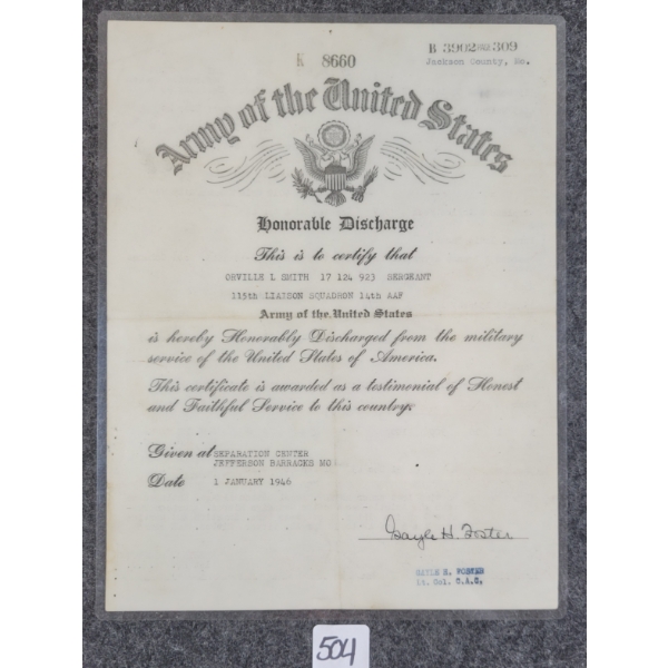 WWII U.S. HONORABLE DISCHARGE CERTIFICATE