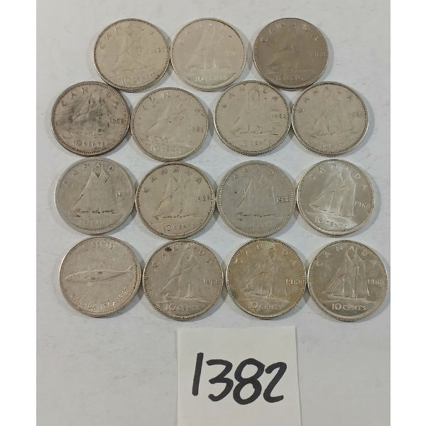 LOT OF 15 - 1941-1968 CDN SILVER DIMES