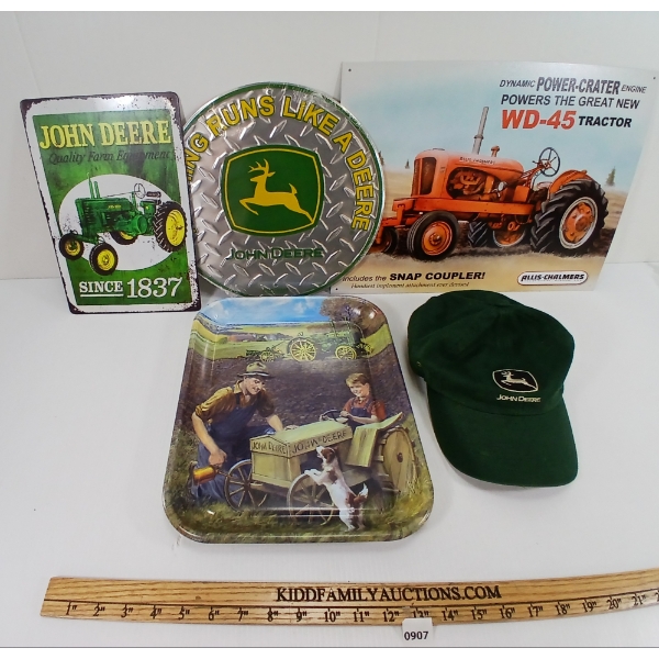 LOT OF 5 - JOHN DEERE SST SIGNS, ADJ HAT & TRAY - INCL ALLIS-CHALMERS