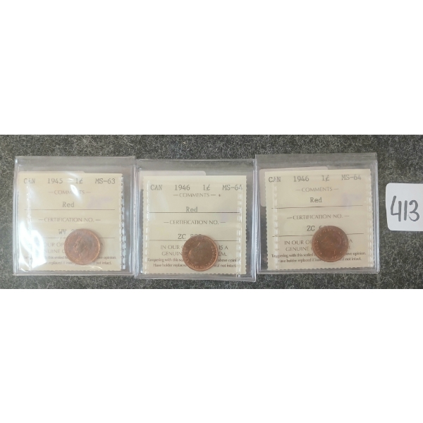 LOT OF 3 - 1945 & 1946 CDN 1 CENT COINS - ICCS GRADED