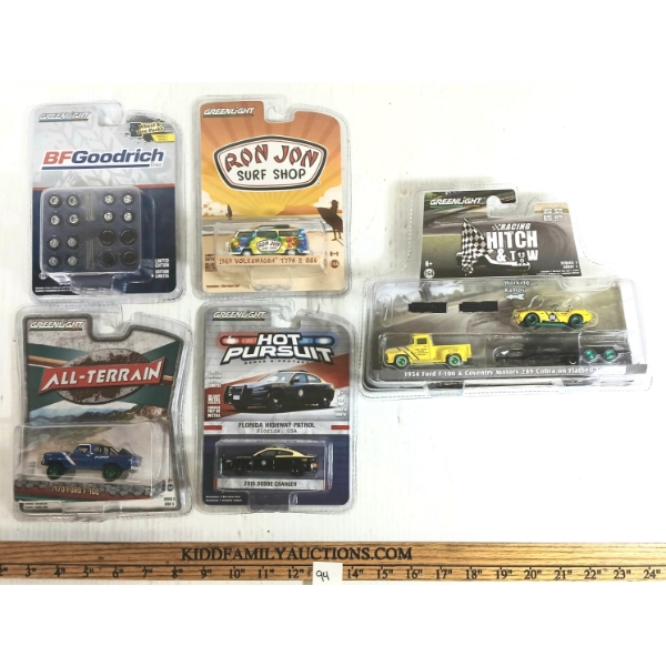 LOT OF 5 - GREENLIGHT DIECAST '54 FORD F-100 & COVENTRY MOTORS 289 COBRA FLATBED TRAILER, ETC