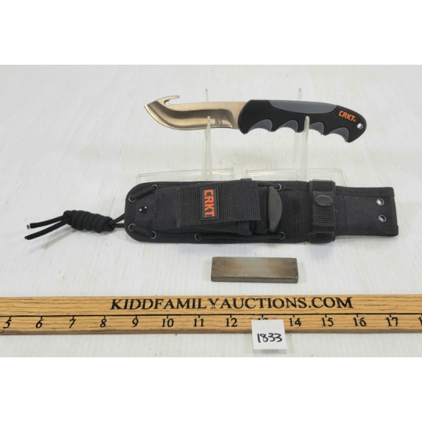 CRKT "FREE RANGE" HUNTING KNIFE W/ GUT HOOK & OIL STONE W/ SHEATH