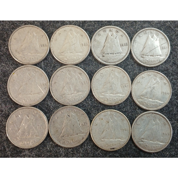 LOT OF 12 - 1940-1966 CDN 10 CENT COINS