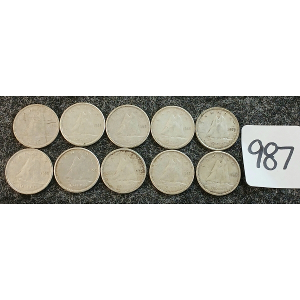 LOT OF 10 - 1955 CDN 10 CENT COINS