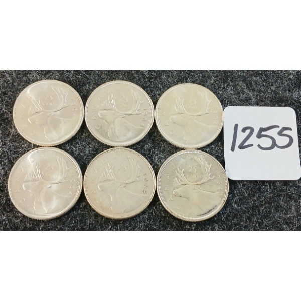 LOT OF 6 - 1964-1968 CDN 25 CENT COINS