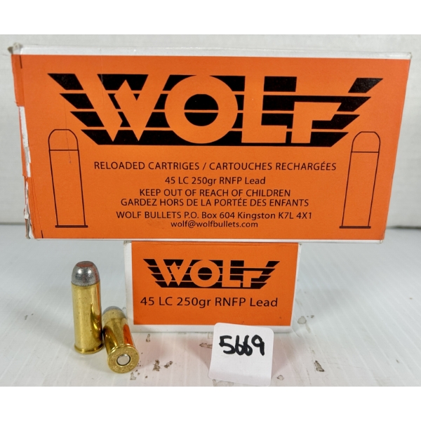 AMMO: 100X WOLF .45 COLT - 250 GR LEAD RNFP