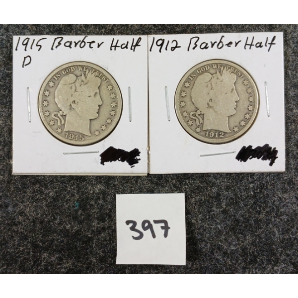 LOT OF 2 - 1912 & 1915 U.S. SILVER HALF DOLLAR COINS 