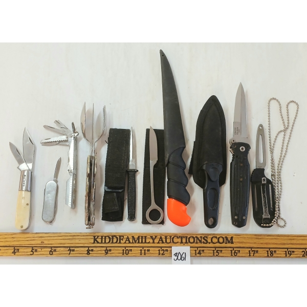 LOT OF 10 - FOLDING KNIVES, POCKET TOOLS & FIXED BLADE KNIVES