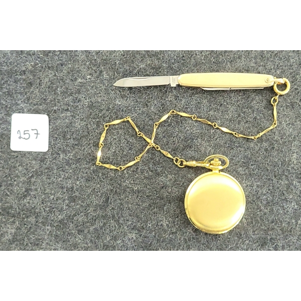 COLIBRI GOLD TONED QUARTZ 17 JEWELS POCKET WATCH W/ FOLDING KNIFE