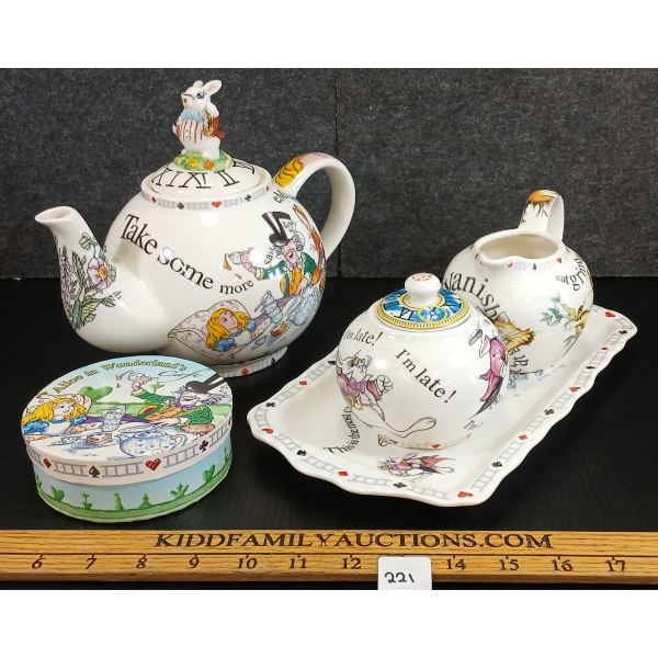 LOT OF 5 - ALICE IN WONDERLAND PORCELAIN TEAPOT, CREAM PITCHER, SUGAR BOWL, TRAY & COASTERS