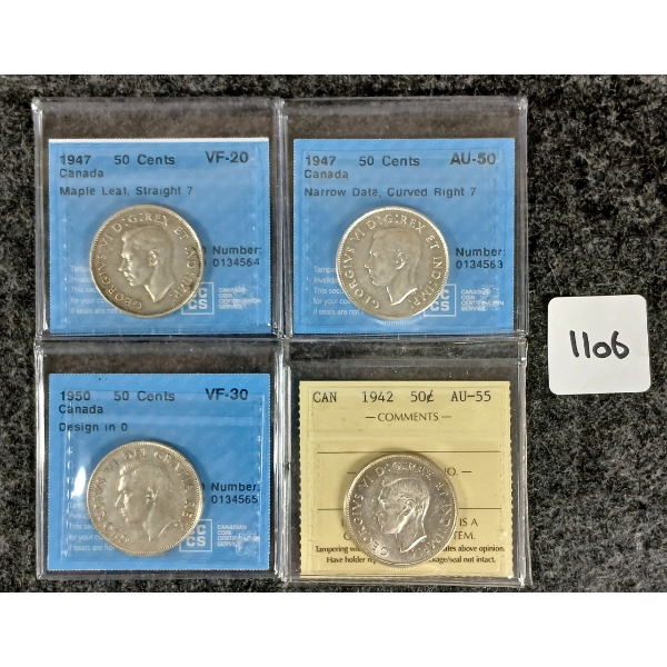 LOT OF 4 - 1942-1950 CDN SILVER 50 CENT COINS - CCCS & ICCS GRADED